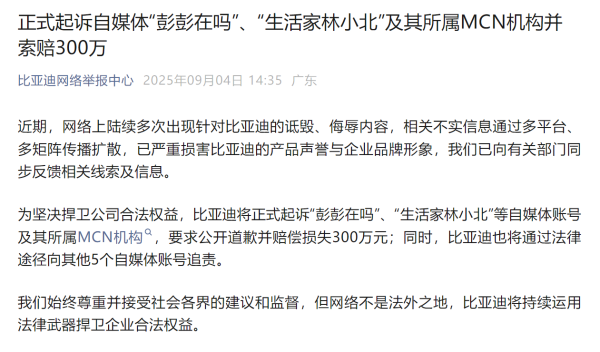 蚂蚁配资 300万天价索赔！比亚迪重拳出击，网友：这次我站比亚迪